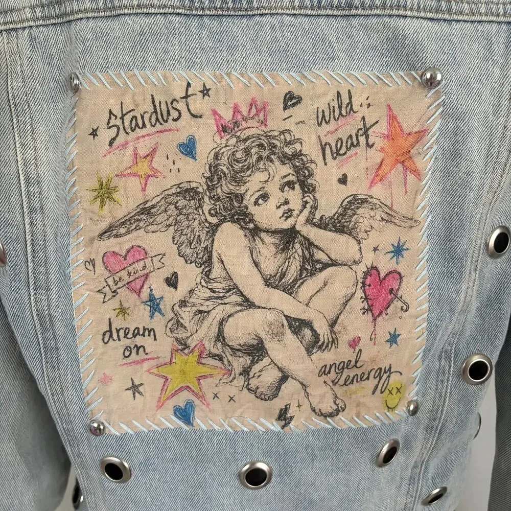 Upcycled Denim Jacket M Angel Cherub Grommet Stud Celestial Punk Boho Retro Blue - Picture 5 of 13